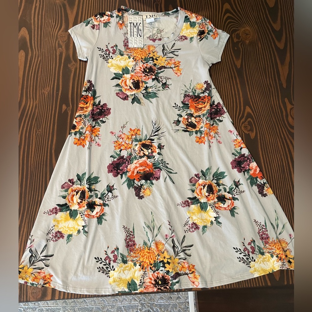 New Light Blue and Floral Short Sleeved Dress NWT